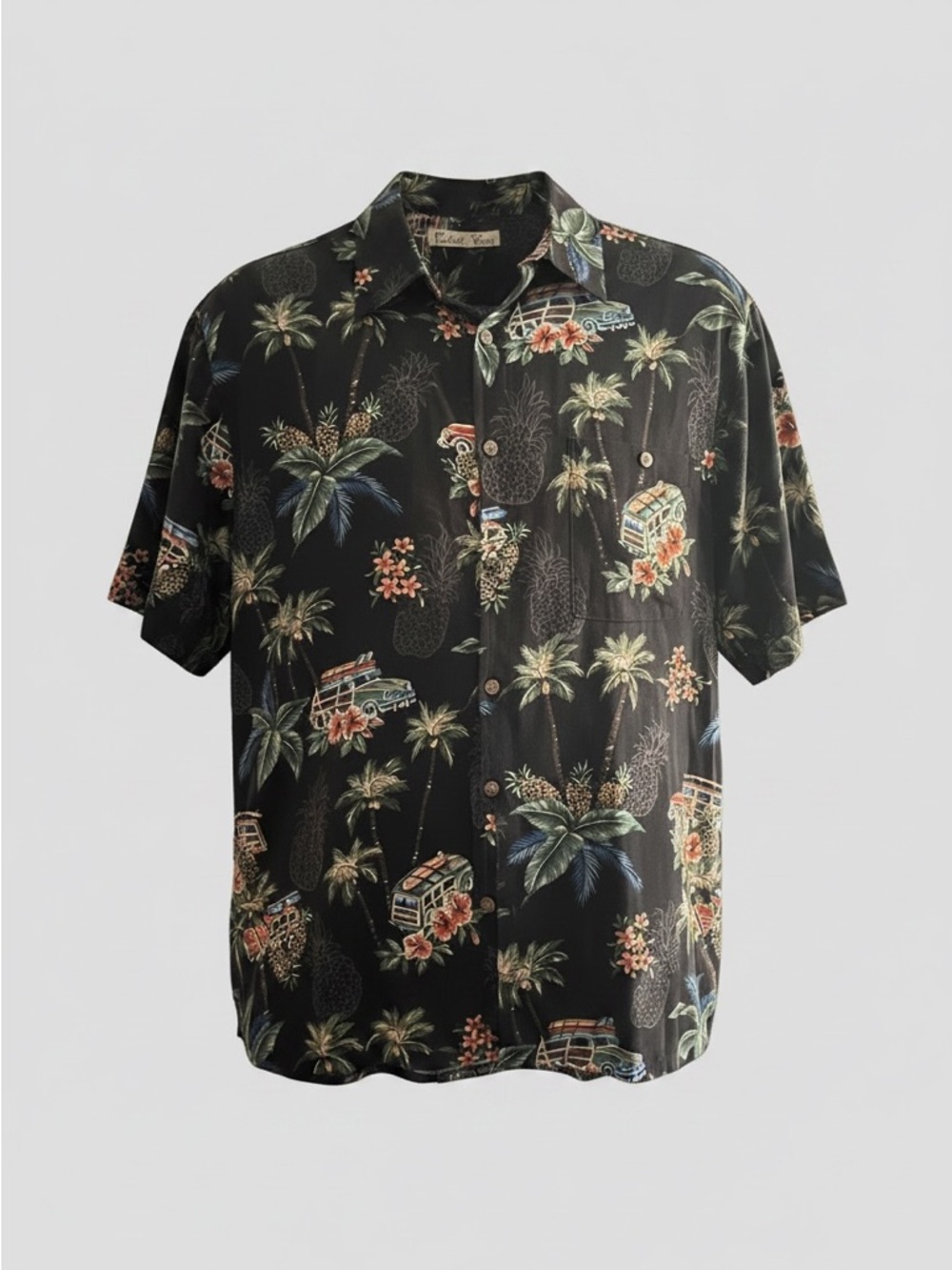 Black Tropical-Print Short-Sleeve Button-Down Shirt - Casual Resort Style